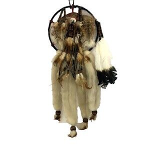Unique handmade dream catcher Earth colors feathers beads fur unsigned good cond